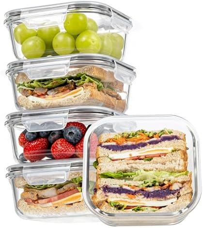 Vtopmart 5Pack 22oz Glass Storage Containers with Lids, Grey | Glass Meal Prep Food Container Sets, Snap Airtight Lid, For Microwave, Oven, Freezer and Dishwasher, BPA Free|B0D7P6XKNP