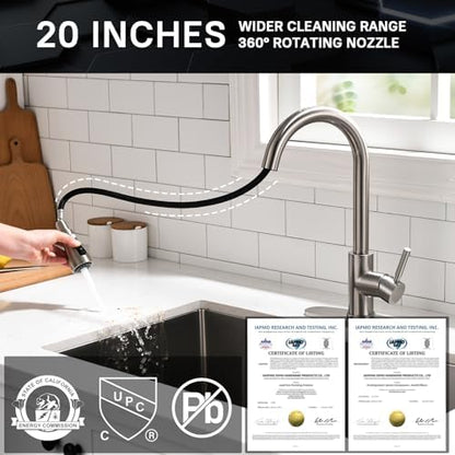 WEWE Single Handle High Arc Brushed Nickel Pull Out Kitchen Faucet,Single Level Stainless Steel Kitchen Sink Faucets with Pull Down Sprayer,Suitable for Laundry Rv Bar|B01H3OMH7Y