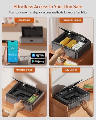 BILLCONCH Gun Safe for Handgun - Biometric Gun Safe 4 Ways Quick Access | Smart Gun Safe with Fingerprint/Full-digital Keypad/Key/APP Lock Handgun Pistol Safe for Nightstand Bedside Home|B0B3QPHZJ7