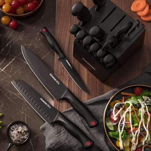 Astercook Knife Set for Kitchen with Block and Sharpener 15pcs German | Stainless Steel Kitchen Utensils Set Dishwasher Safe|B0C1YBPJ43