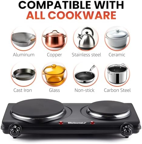 Elite Gourmet EDB-302BF# Double Cast Iron Burner, 1500W Hot Plate, Black | Adjustable temperature control, power indicator lights, easy-to-clean surface, countertop design|B09RX2WGD3