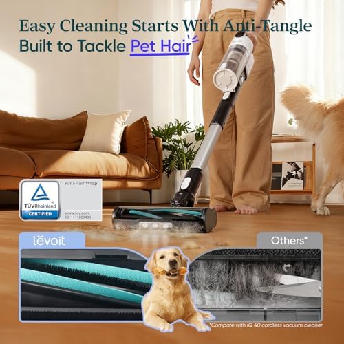 Levoit Cordless Vacuum Cleaner, Anti-Tangle for Pet Hair, Up to 50 Minutes | Powerful Suction, Lightweight, Rechargeable, Versatile for Carpets & Hard Floors, 180° Lay-Flat Design, LVAC-200|B0CB6B2JWG