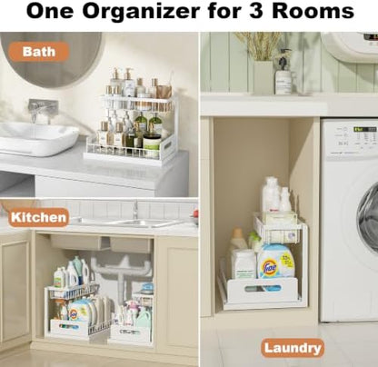 REALINN Under Sink Organizer, Pull Out Cabinet Organizer, 2 Tier Metal Slide Out Shelf with L Shaped Design for Kitchen, Bathroom, Laundry, and Utility Cabinet Storage for Deep Cabinets, White, 2 Pack|B0CFQFMC4F