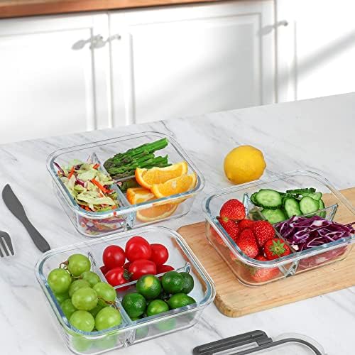 M MCIRCO [5-Pack, 36 oz] Glass Meal Prep Containers 3 Compartment with Lids, Glass Lunch Containers,Food Prep Lunch Box,Bento Box,Microwave, Oven, Freezer, Dishwasher (4.5 Cups)|B07N2BPQC3