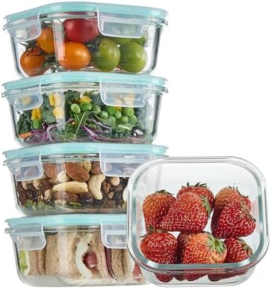 Vtopmart 5Pack 22oz Glass Storage Containers with Lids, Grey | Glass Meal Prep Food Container Sets, Snap Airtight Lid, For Microwave, Oven, Freezer and Dishwasher, BPA Free|B0D7P6XKNP