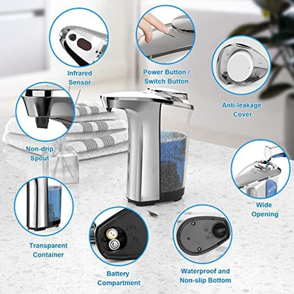 PZOTRUF Automatic Soap Dispenser, Touchless Dish Soap Dispenser 17oz/500ml with Infrared Sensor, 5 Adjustable Soap Dispensing Levels, Liquid Hand Dispenser for Bathroom Kitchen Sink (Silver)|B09NVGSSC2