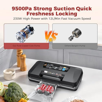 Vacuum Sealer Machine, Upgraded 230W 95KPa 10-in-1 Food Sealer with Double Heat Seal for Dry Moist Food, Easy-Lock Handle, Hose, Built-in Cutter and Bag Storage + Bags (1 Roll + 10 Pre-cut)|B0H1CR8WDQ