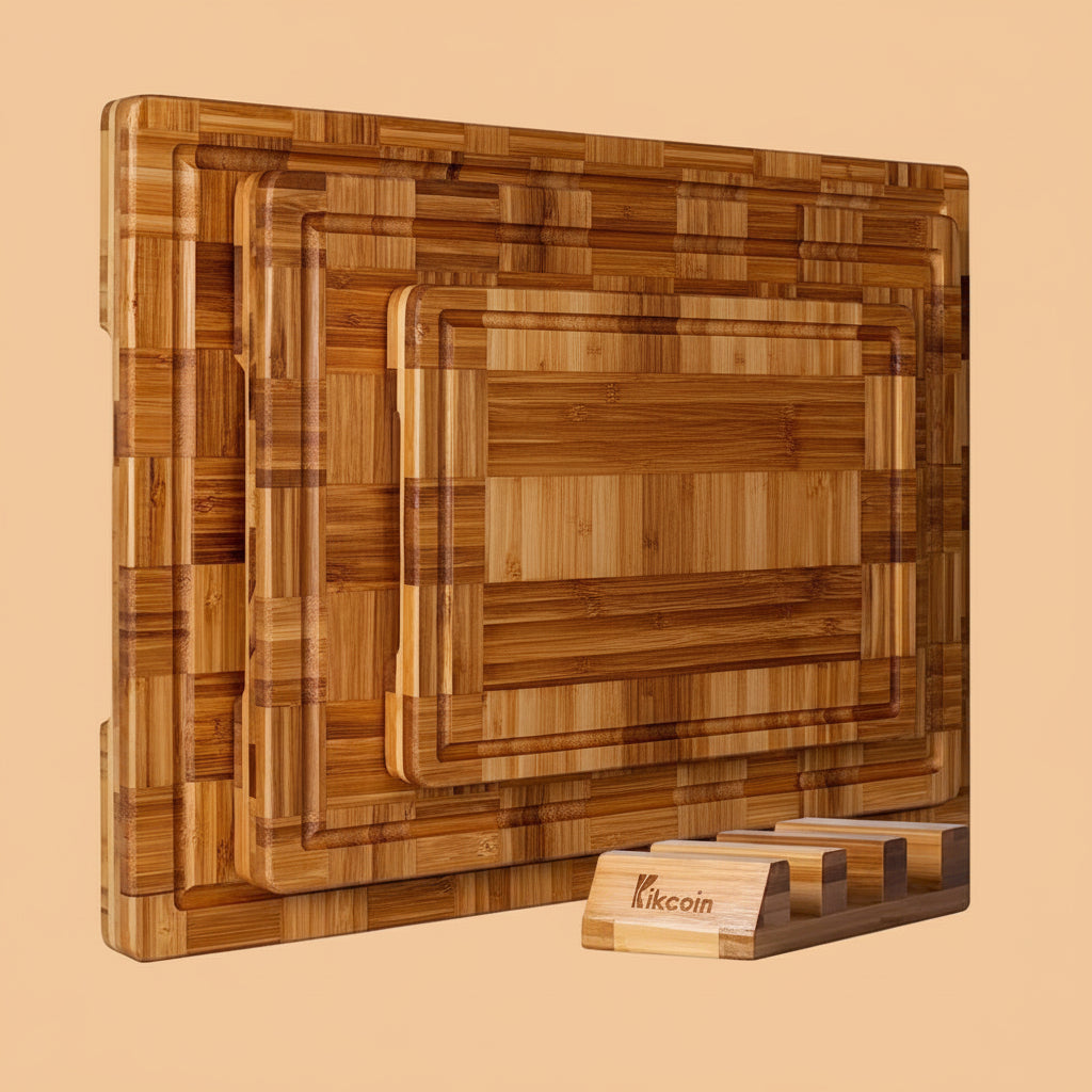 Kikcoin Extra Large Bamboo Cutting Boards, (Set of 3) Chopping Boards with Juice Groove Bamboo Wood Cutting Board Set Butcher Block for Kitchen, End Grain Serving Tray|B089W55YNJ
