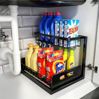 REALINN Under Sink Organizer, Pull Out Cabinet Organizer, 2 Tier Metal Slide Out Shelf with L Shaped Design for Kitchen, Bathroom, Laundry, and Utility Cabinet Storage for Deep Cabinets, White, 2 Pack|B0CFQFMC4F