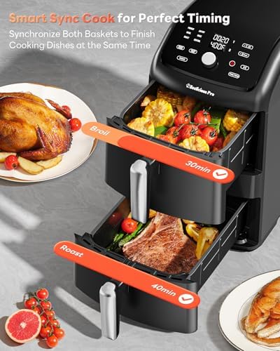 12QT Large Double Air Fryer, Family-Size Dual Airfryer with 2 Baskets, SyncHeat Even Heating, Stacked Compact Design, Smart Finish & Match Cook, PFAS-Free Nonstick, Dishwasher-Safe, Black|B0GYZ1GYXN