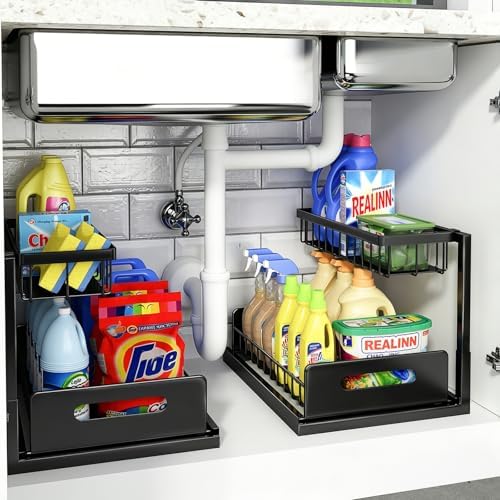 REALINN Under Sink Organizer, Pull Out Cabinet Organizer, 2 Tier Metal Slide Out Shelf with L Shaped Design for Kitchen, Bathroom, Laundry, and Utility Cabinet Storage for Deep Cabinets, White, 2 Pack|B0CFQFMC4F