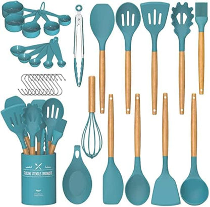 Umite Chef Kitchen Cooking Utensils Set, 33 pcs Non-Stick Silicone Cooking Kitchen Utensils Spatula Set with Holder, Wooden Handle Silicone Kitchen Gadgets Utensil Set (Khaki)|B08573DQ39