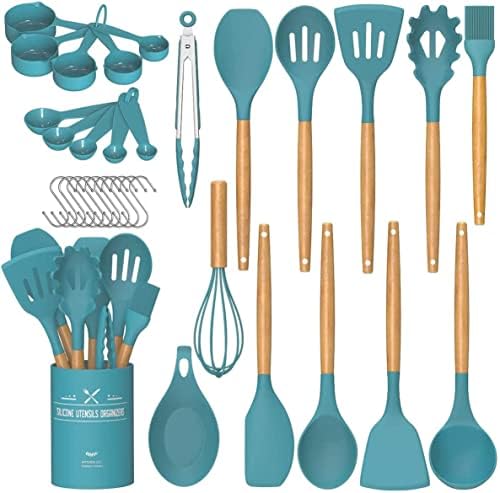 Umite Chef Kitchen Cooking Utensils Set, 33 pcs Non-Stick Silicone Cooking Kitchen Utensils Spatula Set with Holder, Wooden Handle Silicone Kitchen Gadgets Utensil Set (Khaki)|B08573DQ39