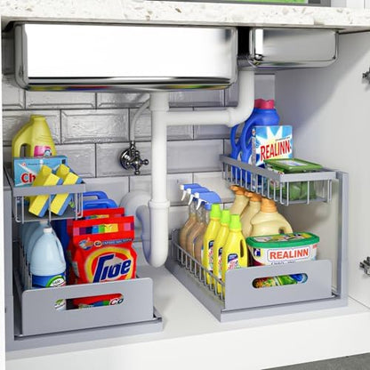 REALINN Under Sink Organizer, Pull Out Cabinet Organizer, 2 Tier Metal Slide Out Shelf with L Shaped Design for Kitchen, Bathroom, Laundry, and Utility Cabinet Storage for Deep Cabinets, White, 2 Pack|B0CFQFMC4F