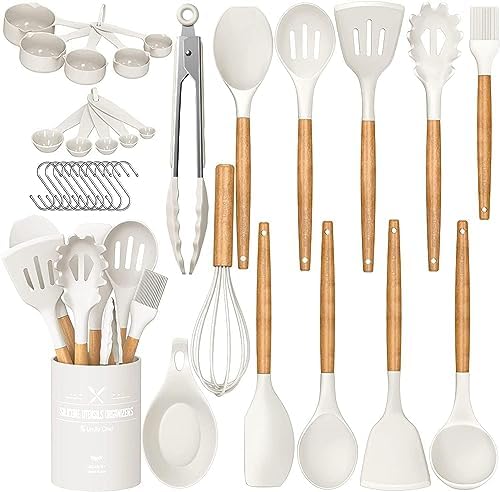Umite Chef Kitchen Cooking Utensils Set, 33 pcs Non-Stick Silicone Cooking Kitchen Utensils Spatula Set with Holder, Wooden Handle Silicone Kitchen Gadgets Utensil Set (Khaki)|B08573DQ39