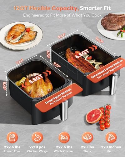 12QT Large Double Air Fryer, Family-Size Dual Airfryer with 2 Baskets, SyncHeat Even Heating, Stacked Compact Design, Smart Finish & Match Cook, PFAS-Free Nonstick, Dishwasher-Safe, Black|B0GYZ1GYXN