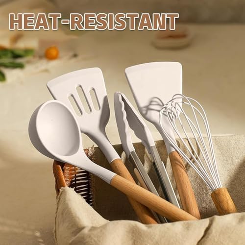 Umite Chef Kitchen Cooking Utensils Set, 33 pcs Non-Stick Silicone Cooking Kitchen Utensils Spatula Set with Holder, Wooden Handle Silicone Kitchen Gadgets Utensil Set (Khaki)|B08573DQ39