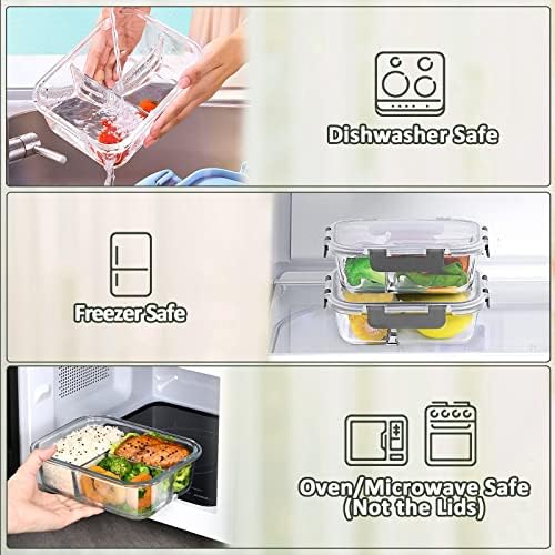 M MCIRCO [5-Pack, 36 oz] Glass Meal Prep Containers 3 Compartment with Lids, Glass Lunch Containers,Food Prep Lunch Box,Bento Box,Microwave, Oven, Freezer, Dishwasher (4.5 Cups)|B07N2BPQC3