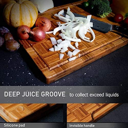 Kikcoin Extra Large Bamboo Cutting Boards, (Set of 3) Chopping Boards with Juice Groove Bamboo Wood Cutting Board Set Butcher Block for Kitchen, End Grain Serving Tray|B089W55YNJ