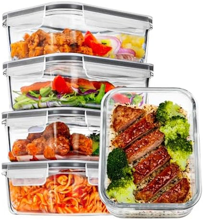 Vtopmart 5Pack 22oz Glass Storage Containers with Lids, Grey | Glass Meal Prep Food Container Sets, Snap Airtight Lid, For Microwave, Oven, Freezer and Dishwasher, BPA Free|B0D7P6XKNP