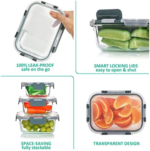 KOMUEE 24 Pieces Glass Food Storage Containers Set, Meal Prep Containers, BPA-Free Airtight Glass Storage Containers with lids,Freezer, Microwave and Oven Safe,Gray|B09QQGY1BW