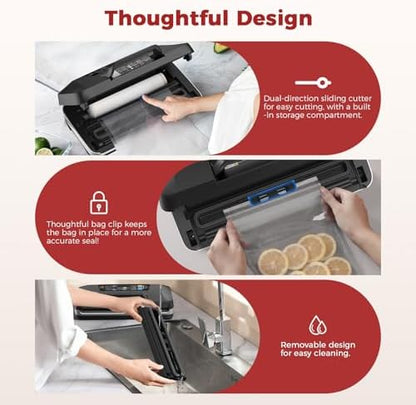 Vacuum Sealer Machine, Upgraded 230W 95KPa 10-in-1 Food Sealer with Double Heat Seal for Dry Moist Food, Easy-Lock Handle, Hose, Built-in Cutter and Bag Storage + Bags (1 Roll + 10 Pre-cut)|B0H1CR8WDQ