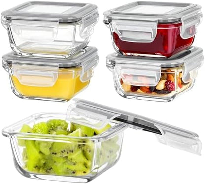Vtopmart 5Pack 22oz Glass Storage Containers with Lids, Grey | Glass Meal Prep Food Container Sets, Snap Airtight Lid, For Microwave, Oven, Freezer and Dishwasher, BPA Free|B0D7P6XKNP