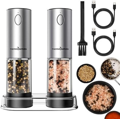 ThermoMaven Upgraded Larger Capacity Electric Salt and Pepper Grinder Set, 110ml Rechargeable Salt and Pepper Shaker with LED Light, Stainless Steel Automatic Pepper Mill with 6 Adjustable Coarseness|B0D7Q7LNNY