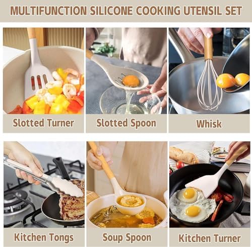Umite Chef Kitchen Cooking Utensils Set, 33 pcs Non-Stick Silicone Cooking Kitchen Utensils Spatula Set with Holder, Wooden Handle Silicone Kitchen Gadgets Utensil Set (Khaki)|B08573DQ39