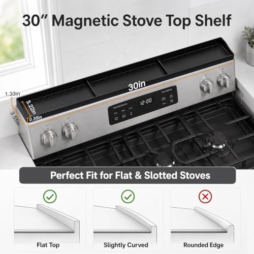 30" Magnetic Stove Top Shelf, Silicone Over the Stove Spice Rack Organizer | Heat Resistant Silicone, Anti-Rattle No-Scratch Range Shelf, 3 Functional Partitions Kitchen Storage for Spices|B0BWQQTD7T