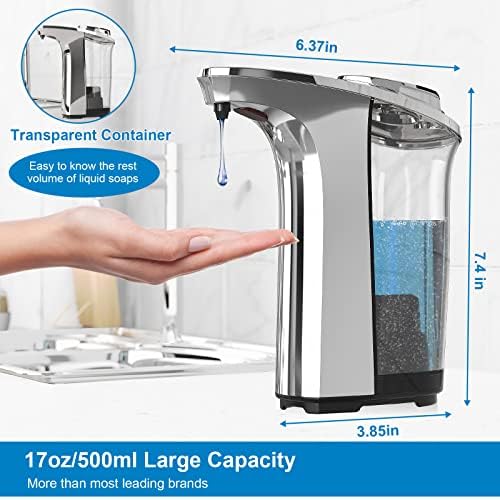 PZOTRUF Automatic Soap Dispenser, Touchless Dish Soap Dispenser 17oz/500ml with Infrared Sensor, 5 Adjustable Soap Dispensing Levels, Liquid Hand Dispenser for Bathroom Kitchen Sink (Silver)|B09NVGSSC2