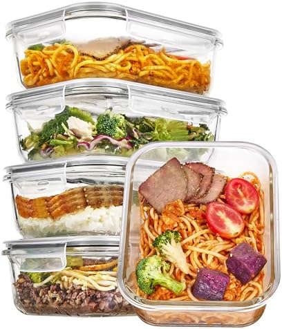Vtopmart 5Pack 22oz Glass Storage Containers with Lids, Grey | Glass Meal Prep Food Container Sets, Snap Airtight Lid, For Microwave, Oven, Freezer and Dishwasher, BPA Free|B0D7P6XKNP