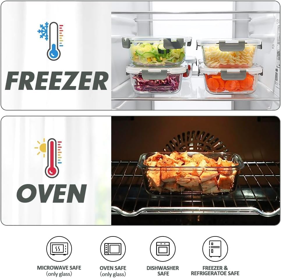 VERONES 12 Packs Glass Food Storage Containers Set, Airtight Glass Lunch Containers, Glass Meal Prep Containers with Lids,Exclusive of BPA, for Microwave, Oven, Freezer & Dishwasher Friendly,Grey|B0BZS66X6R